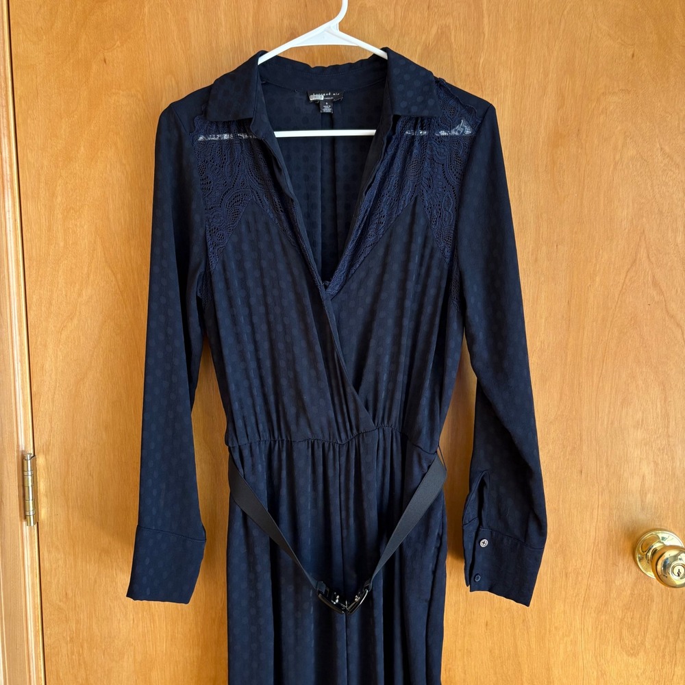 Current Air Jumpsuit Womens Small Black‎ Polka Dot Jacquard Lace Belted